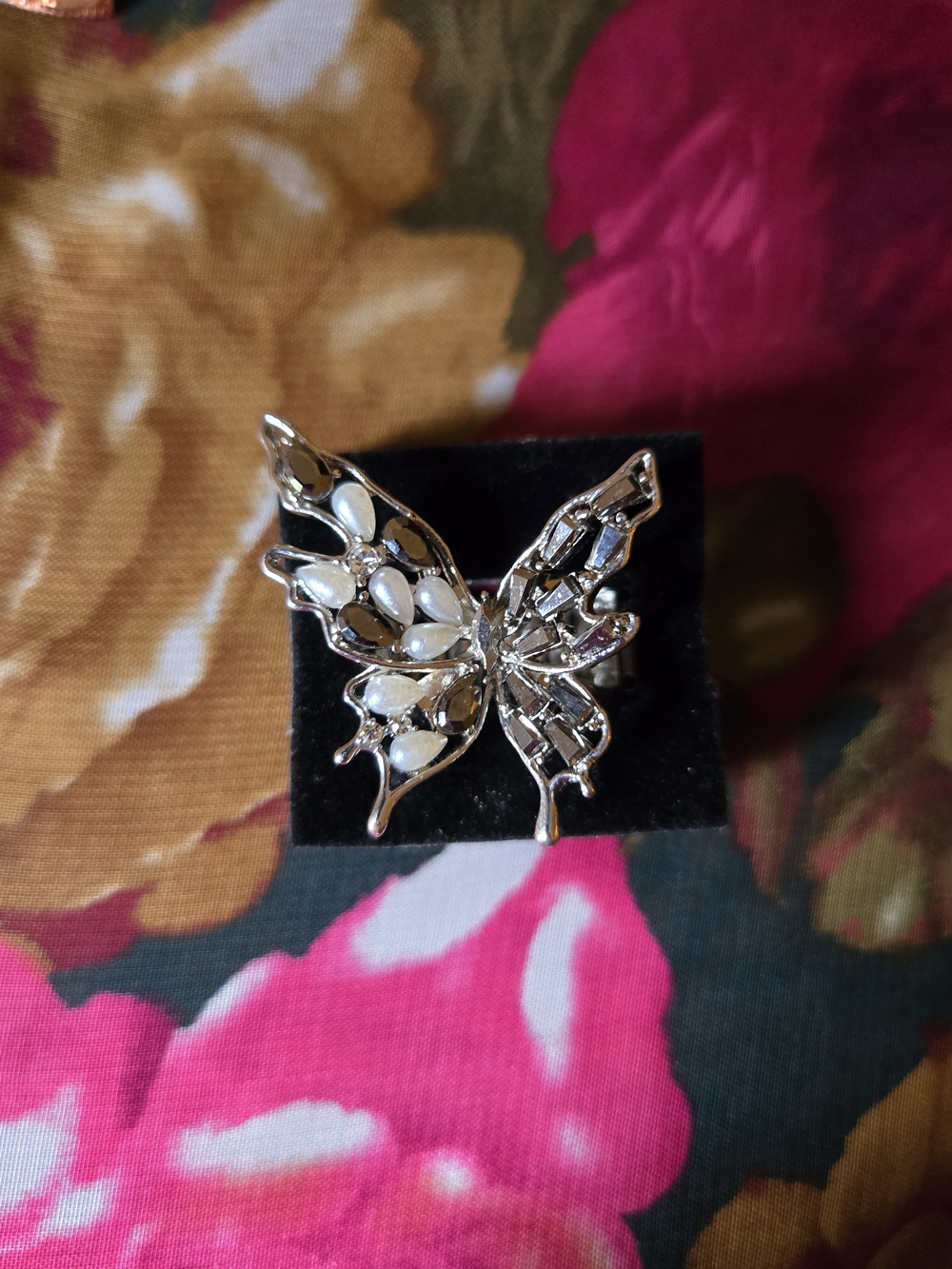 Silver Butterfly Statement Ring with White Accents